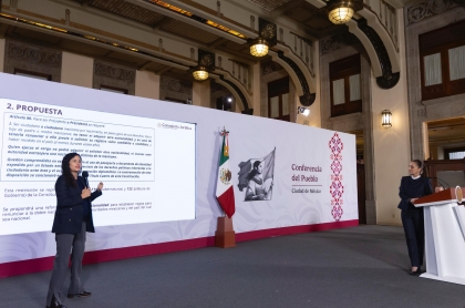 Claudia Sheinbaum y Maria Luisa Alcalde durante la conferencia mañanera en la presentación de la nueva iniciativa