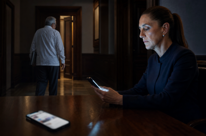 Claudia Sheinbaum en primer plano y Rubén Rocha Moya alejándose por un corredor institucional, con un teléfono como símbolo de la crisis política desarrollada en X.