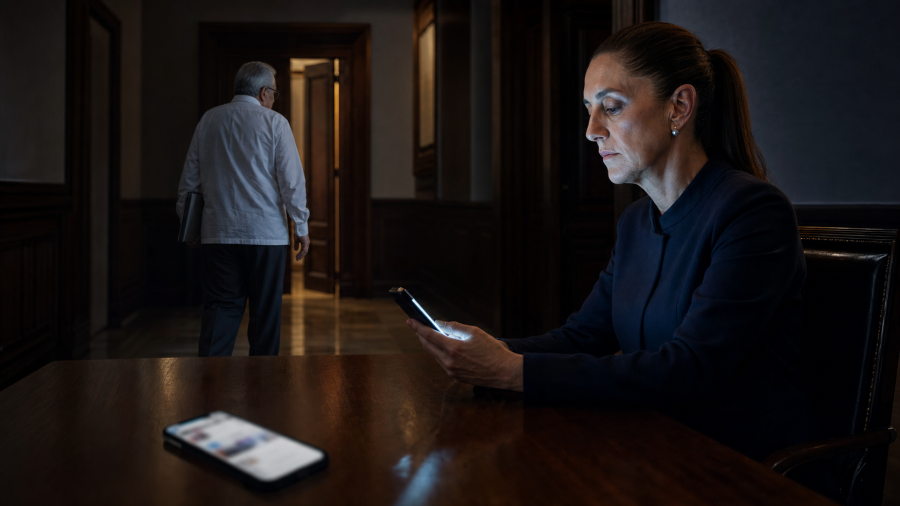 Claudia Sheinbaum en primer plano y Rubén Rocha Moya alejándose por un corredor institucional, con un teléfono como símbolo de la crisis política desarrollada en X.