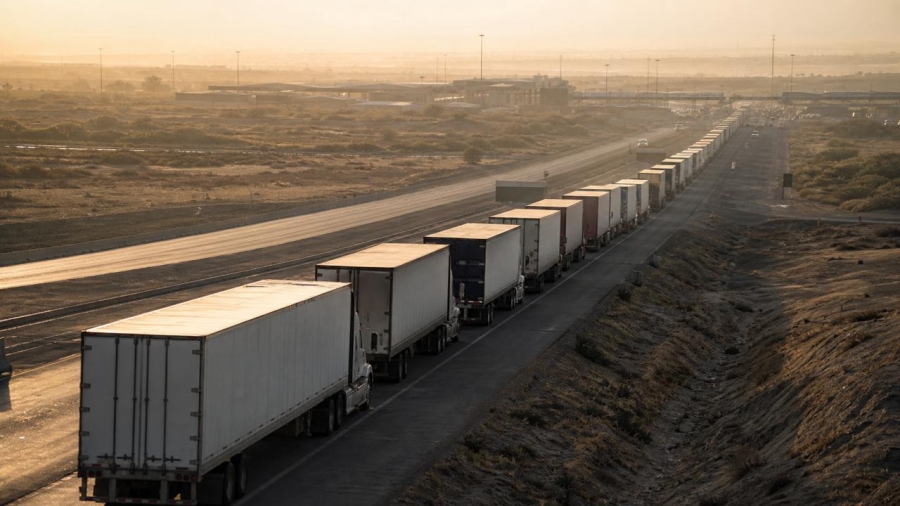 Fila de camiones de carga en una carretera al amanecer rumbo a un cruce fronterizo, en referencia a la relación comercial entre México y Estados Unidos.