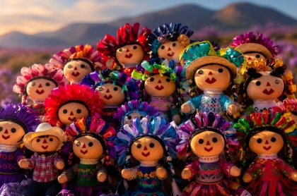 Muñecas de trapo artesanales otomíes con trenzas y listones de colores sobre un textil bordado
