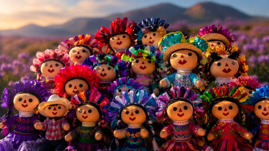 Muñecas de trapo artesanales otomíes con trenzas y listones de colores sobre un textil bordado