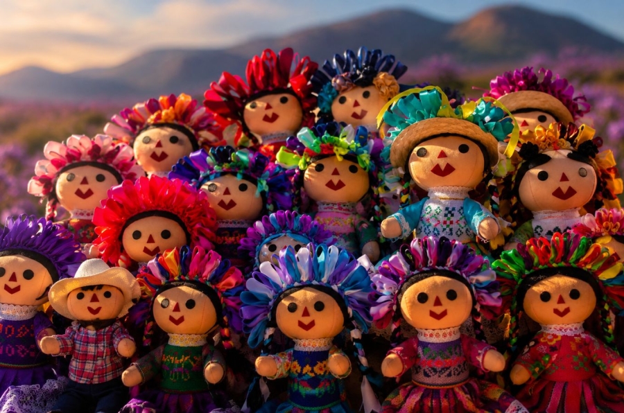 Muñecas de trapo artesanales otomíes con trenzas y listones de colores sobre un textil bordado