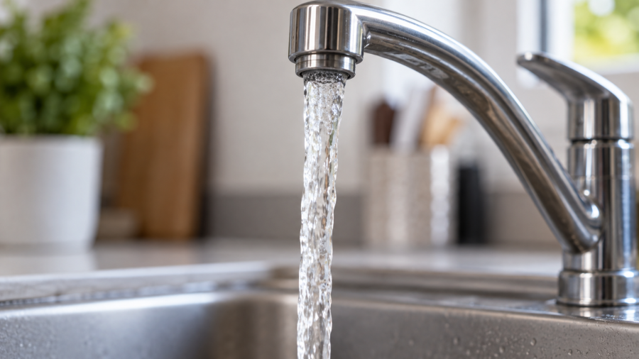 Llave de agua abierta sobre un fondo neutro que representa el servicio de agua doméstica