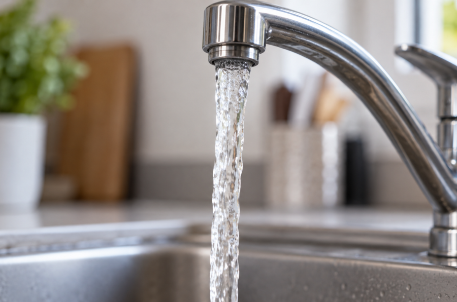 Llave de agua abierta sobre un fondo neutro que representa el servicio de agua doméstica