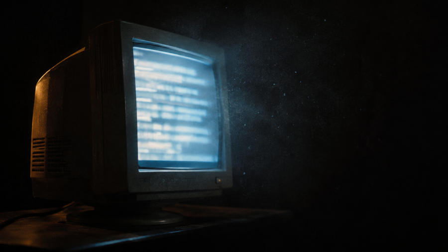 Pantalla de computadora antigua encendida en una habitación a oscuras, en referencia al origen del movimiento neorreaccionario en blogs.