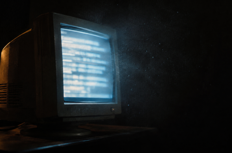 Pantalla de computadora antigua encendida en una habitación a oscuras, en referencia al origen del movimiento neorreaccionario en blogs.