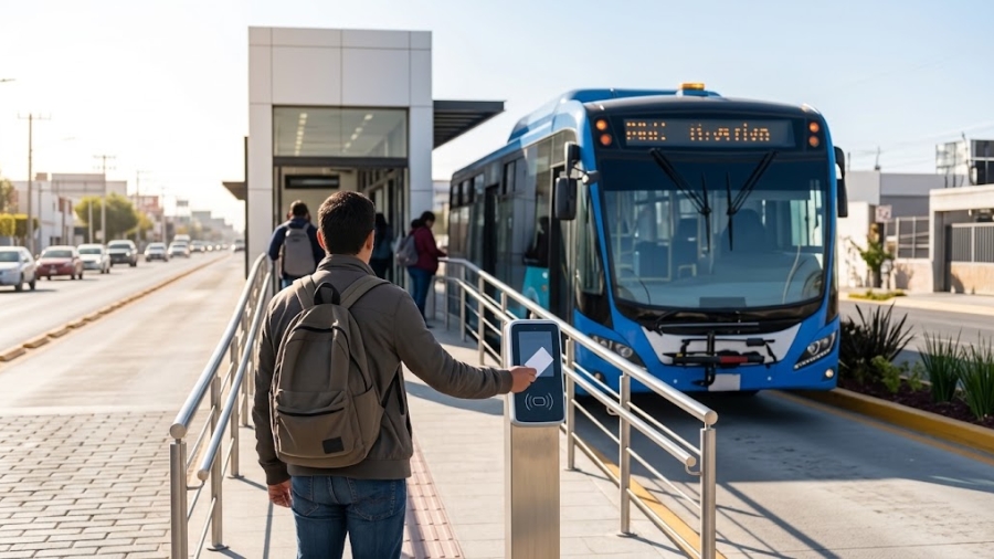 Autobús de transporte público urbano en una avenida de Querétaro con una parada al frente