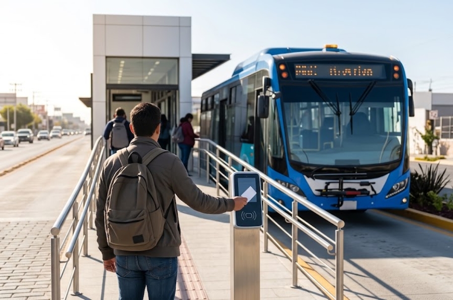 Autobús de transporte público urbano en una avenida de Querétaro con una parada al frente