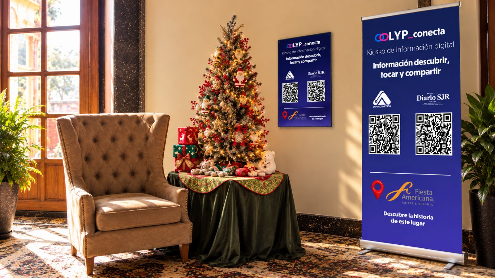 Kiosko Conecta by LYP instalado en el lobby de un hotel
