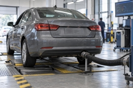 Auto en un centro de verificación vehicular conectado a un equipo de medición de emisiones