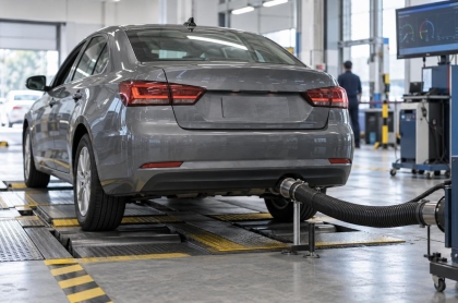 Auto en un centro de verificación vehicular conectado a un equipo de medición de emisiones