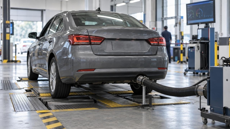 Auto en un centro de verificación vehicular conectado a un equipo de medición de emisiones