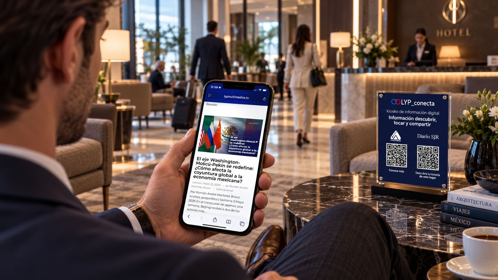 Kiosko Conecta by LYP en el lounge de un hotel premium
