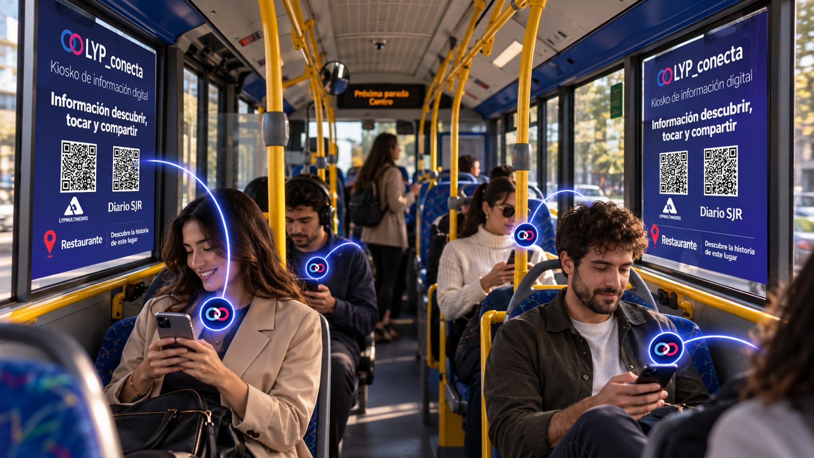 Pasajeros descubriendo contenido con los paneles Conecta by LYP dentro de un autobús