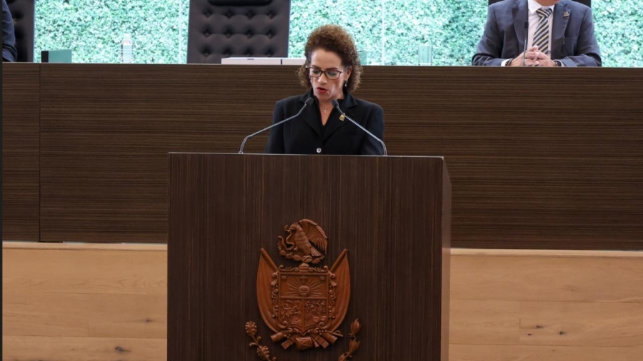 La diputada local Adriana Meza durante su posicionamiento desde el pleno del congreso