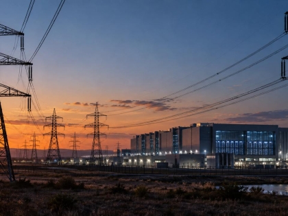 Torres de alta tensión y líneas eléctricas junto a un gran centro de datos al atardecer