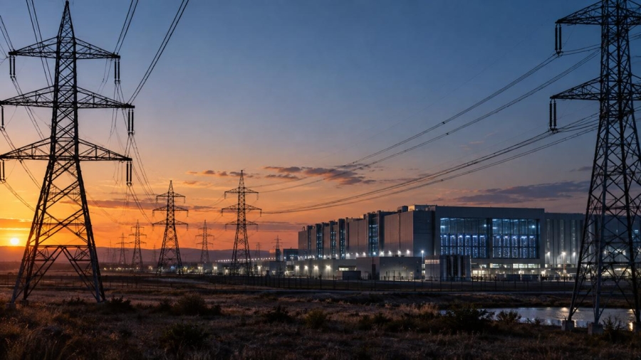 Torres de alta tensión y líneas eléctricas junto a un gran centro de datos al atardecer