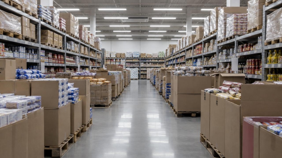 Interior de tienda de descuento con productos en cajas sobre tarimas