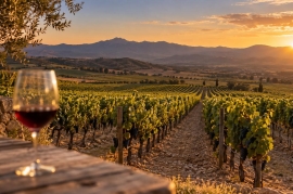 Hileras de vides en un viñedo de Querétaro con montañas al fondo al atardecer