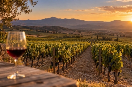 Hileras de vides en un viñedo de Querétaro con montañas al fondo al atardecer