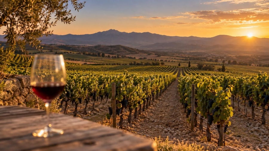 Hileras de vides en un viñedo de Querétaro con montañas al fondo al atardecer