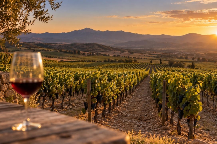 Hileras de vides en un viñedo de Querétaro con montañas al fondo al atardecer