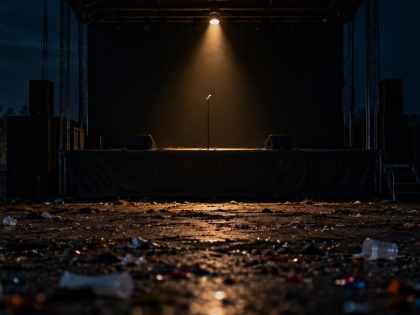 Escenario vacío con micrófono en una explanada pública tras un concierto, en referencia a las fiestas patrias en Ciudad de México.