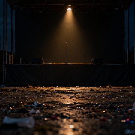 Escenario vacío con micrófono en una explanada pública tras un concierto, en referencia a las fiestas patrias en Ciudad de México.