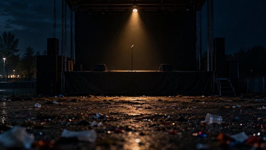 Escenario vacío con micrófono en una explanada pública tras un concierto, en referencia a las fiestas patrias en Ciudad de México.
