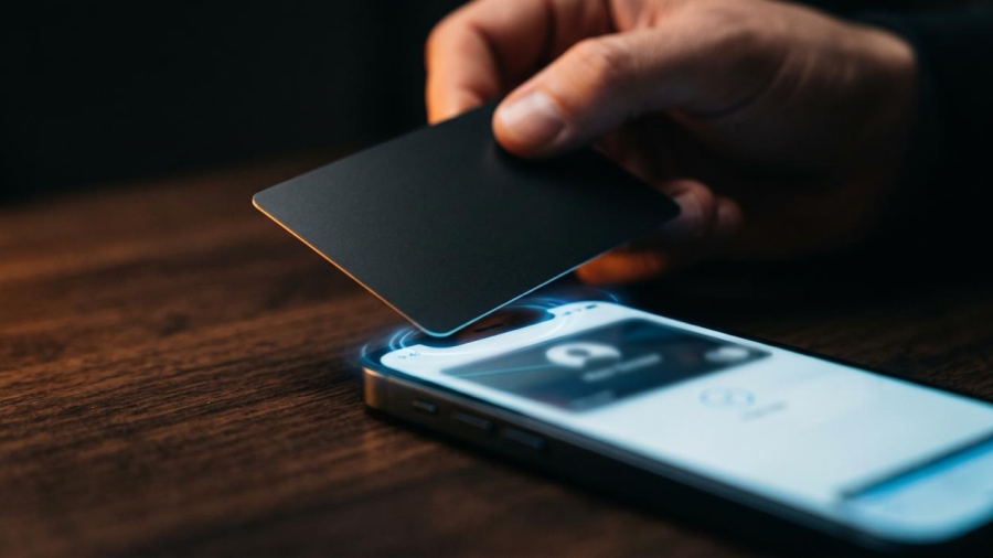 Tarjeta inteligente con chip abriendo un perfil digital profesional en un teléfono