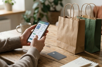 Persona comparando precios en el celular con bolsas de compras durante una temporada de ofertas