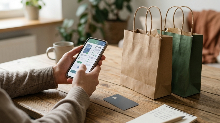 Persona comparando precios en el celular con bolsas de compras durante una temporada de ofertas