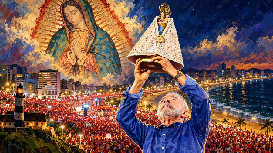 Lula levantando en el aire una imagen de nuestra señora aparecida