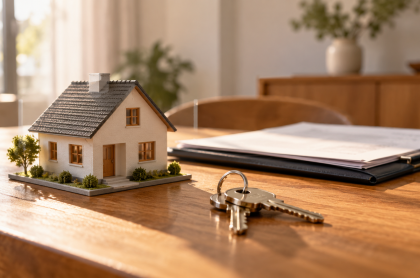 Maqueta de una casa junto a llaves y documentos sobre una mesa