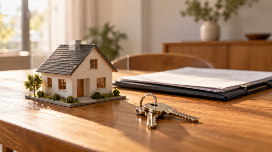 Maqueta de una casa junto a llaves y documentos sobre una mesa