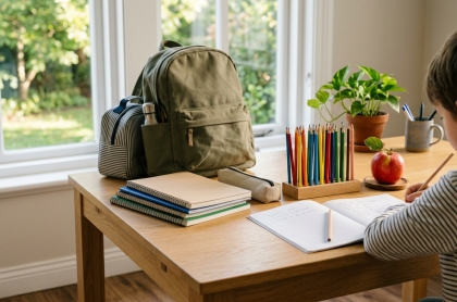 Mochila, útiles escolares y cuadernos sobre un escritorio iluminado