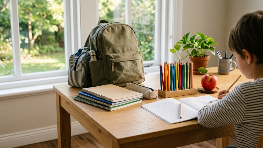Mochila, útiles escolares y cuadernos sobre un escritorio iluminado