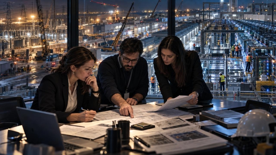 Analistas financieros e ingenieros revisan contratos y procesadores frente a un centro de datos en construcción.