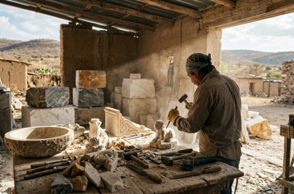 Bloques y artesanías de mármol blanco en un taller del semidesierto de Querétaro