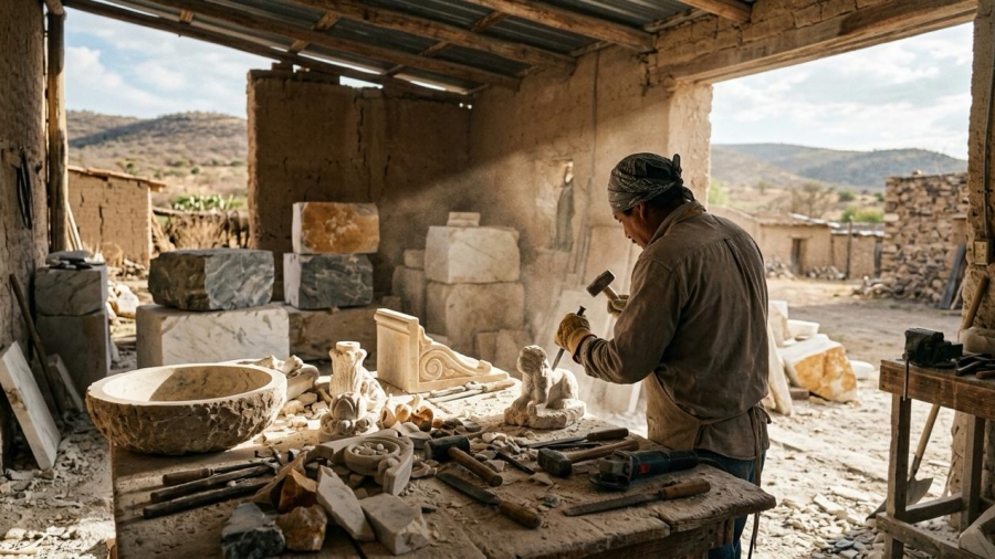 Bloques y artesanías de mármol blanco en un taller del semidesierto de Querétaro