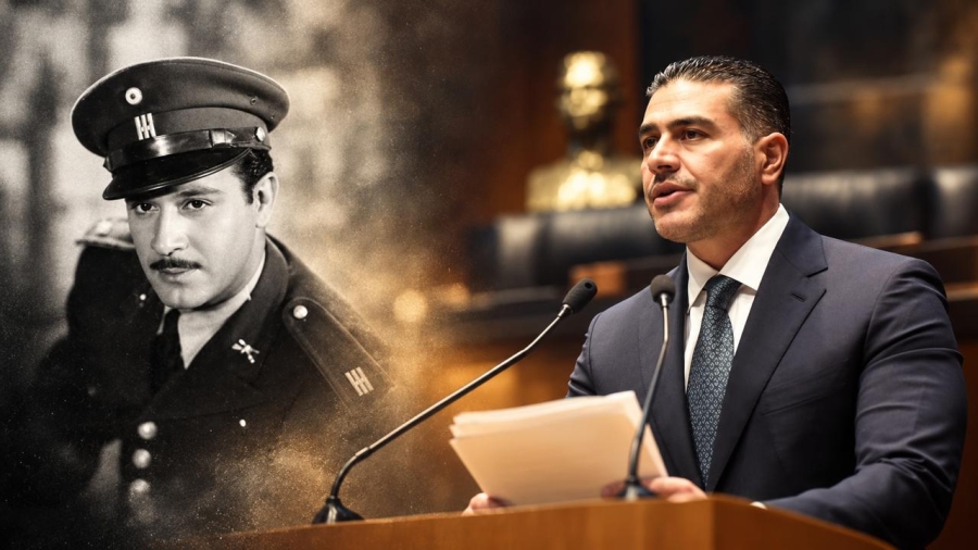 El secretarió de seguridad ciudadana de México junto a una imagen del legendario Pedro Infante