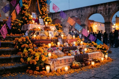 Altar de Día de Muertos con flores de cempasúchil, velas y papel picado en una plaza de Querétaro