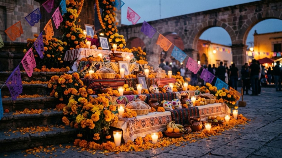 Altar de Día de Muertos con flores de cempasúchil, velas y papel picado en una plaza de Querétaro