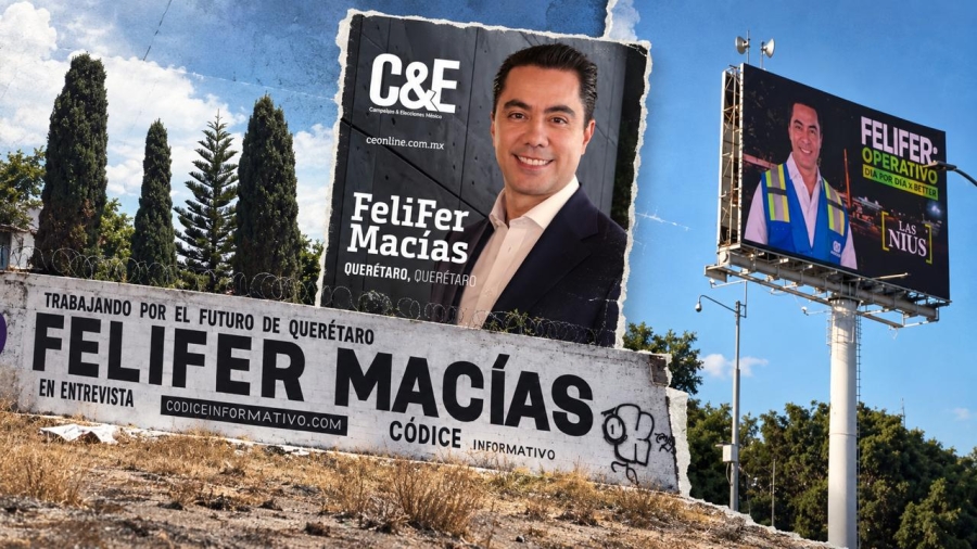 Imagen con barda, espectacular y revista en la que se promocionan al presidente municipal de Querétaro