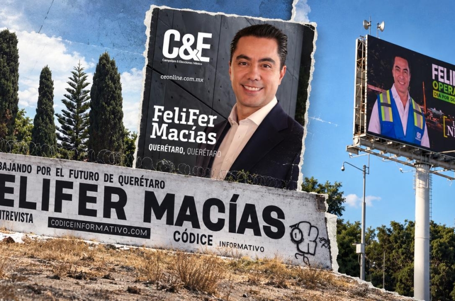 Imagen con barda, espectacular y revista en la que se promocionan al presidente municipal de Querétaro