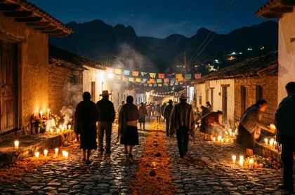 Calle de un pueblo serrano de Querétaro iluminada con veladoras y flores de cempasúchil en Día de Muertos