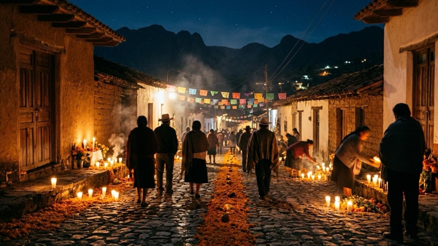Calle de un pueblo serrano de Querétaro iluminada con veladoras y flores de cempasúchil en Día de Muertos