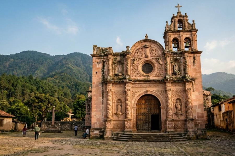 Fachada barroca de una misión franciscana de la Sierra Gorda de Querétaro entre montañas