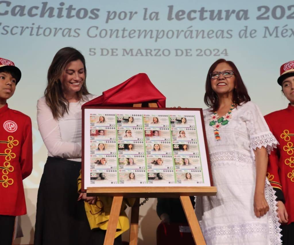 Billete conmemorativo del 8M en Lotería nacional: “Escritoras contemporáneas de Mexico”; Inmujeres. Como parte del programa Cachitos por la Lectura, la Secretaría de